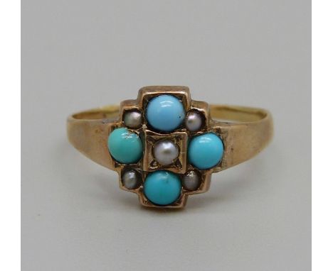 A Victorian turquoise and pearl set ring, tests as 9ct gold, 1.5g, M 