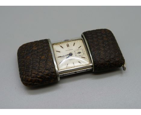 A Movado Chronometre Ermeto purse watch or travel watch, the case back bears inscription, shagreen case, (serviced) 