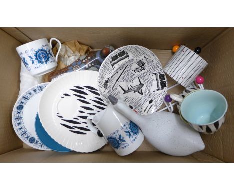 A collection of china including Homemaker plates, two Kelsboro Ware plates with matching cups, test tubes, a clothes hanging 