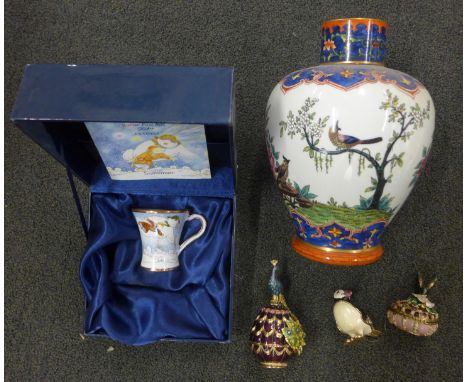 A Chinese vase, a Border Fine Arts enamel vase and two jewelled enamel boxes 