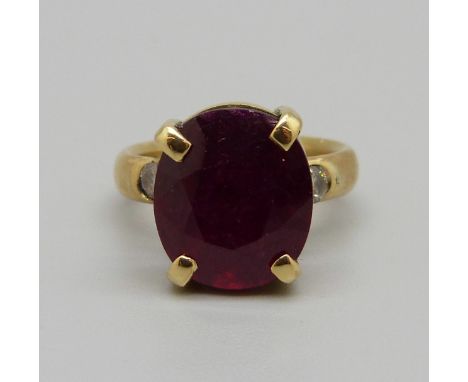 An 18ct gold, ruby and diamond ring, 8ct ruby, 8.7g, M 