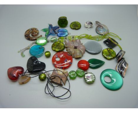 Murano glass pendants, necklaces and a ring 