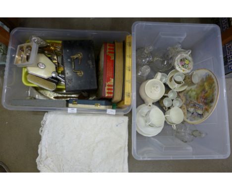 Undecorated Royal Crown Derby, two gallery trays, flatware, glass decanters, two books, a metal box, lace, coffee cups and sa