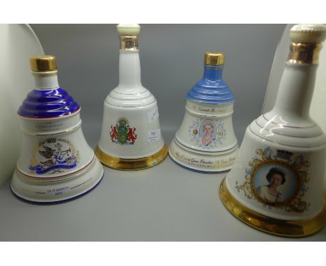 Four Bell's Old Scotch Whisky decanters, all Royal commemorative, sealed with contents, one with chip to base 