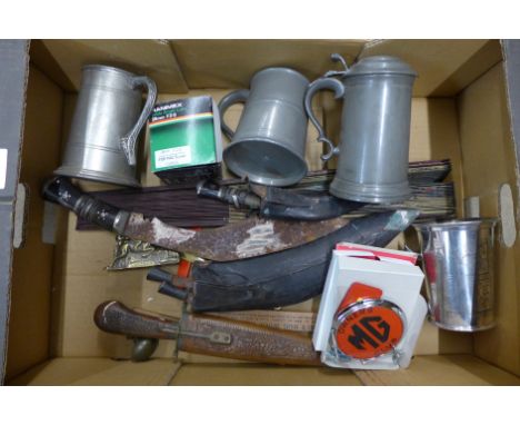 A kukri, a/f, pewter tankards, a camera lens and an MG badge **PLEASE NOTE THIS LOT IS NOT ELIGIBLE FOR POSTING AND PACKING**