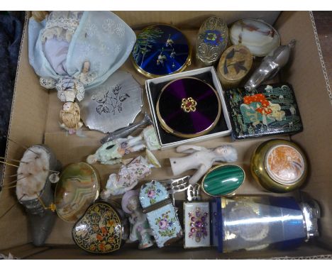 Compacts, trinket pots, pin cushion, table lighter, etc. 