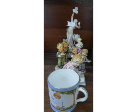 A continental porcelain figure/posy holder, three Goebel figures, a German figure of a girl seated and a Royal Worcester figu