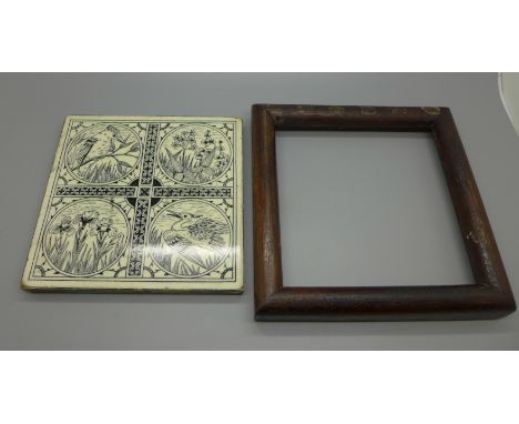 A Minton Hollins Bird and Flowers tile, framed 
