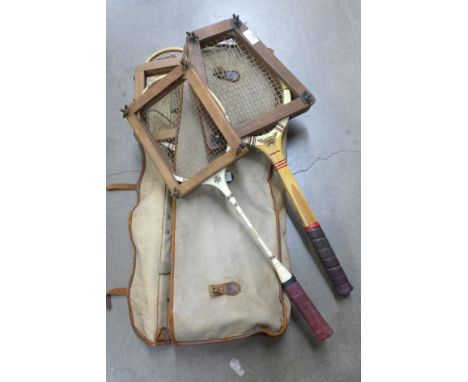 Two tennis racquets and two badminton racquets, three by Dunlop and one Wisden badminton racquet in fibreglass with Redmayne 