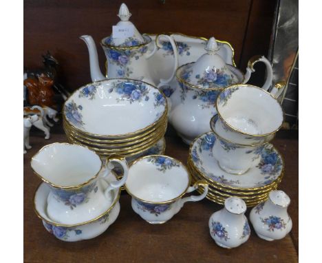 Royal Albert Moonlight Rose teawares; coffee pot, tea pot, three cups, six saucers, side plates and bowls, cream, sugar, sand