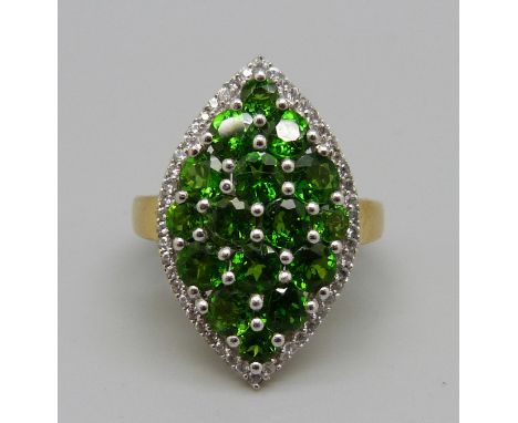 A silver gilt, chrome diopside marquise shaped ring, P 
