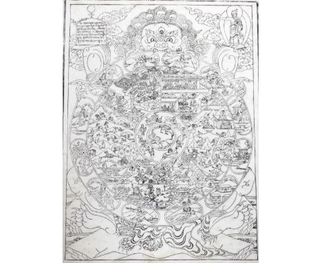 A Tibetan woodblock print on paper, of a Mandala depicting the circle of life, 65cm x 48cm, framed and glazed.