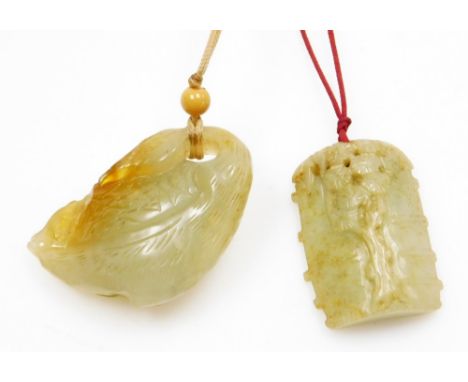 Two carved Chinese jade pendants, one carved as a section of bamboo, 5cm high, another carved as a crane, 6cm wide. (2)