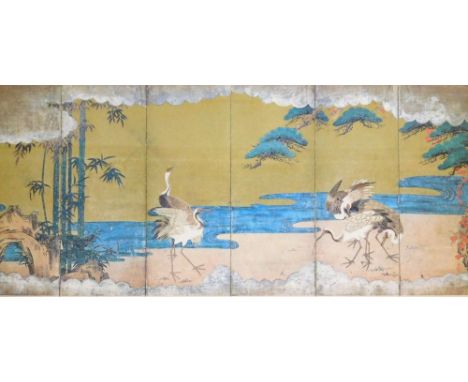 A framed and glazed print of a Japanese six-fold screen, with cranes at the river, 14cm x 32cm.