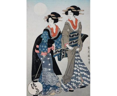 A Japanese wood block print, depicting two geisha, one carrying lantern, 37cm x 24cm, framed and glazed. This print is from t