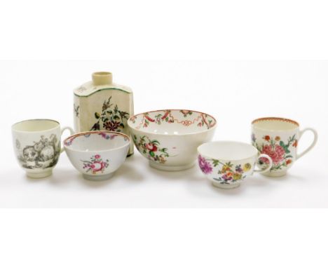 A group of 18thC and later ceramics, to include a Staffordshire tea caddy, 12cm high, a Newhall type tea bowl, 8cm diameter, 