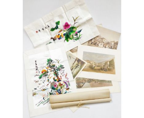 A group of Chinese silk and rice paper pictures, to include a silk of two birds on lake, 31cm x 51cm, another with elaborate 