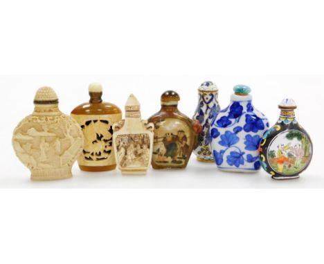 A collection of modern Chinese snuff bottles, including a carved bone bottle, two enamel bottles and two porcelain bottles, e