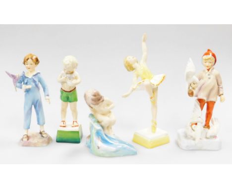 A group of Royal Worcester figures, being Tuesdays Child, Parakeet, August, Fridays Child and November. (5)