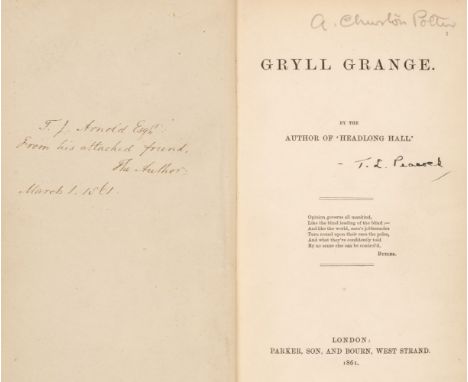 [Peacock, Thomas Love]. Gryll Grange, 1st edition, London: Parker, Son, and Bourn, 1861, 4 pp. publisher's adverts at rear, a