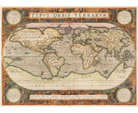 World. Ortelius (Abraham), Typus Orbis Terrarum, 1587 but [1592 - 1612], hand-coloured engraved map, ornate strapwork border 