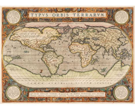 World. Ortelius (Abraham), Typus Orbis Terrarum, 1587 but [1592 - 1612], hand-coloured engraved map, ornate strapwork border 