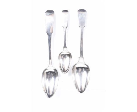 Three Scottish Provincial silver spoonsEach of fiddle pattern, each initialled, to include a table spoon by George Booth of A