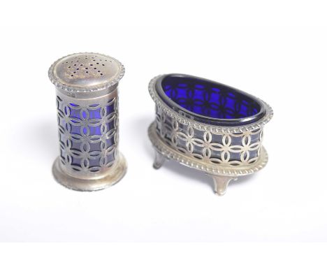 An Edwardian silver salt and pepper setOf cylindrical form, with applied gadrooned borders and a repeating pierced geometric 