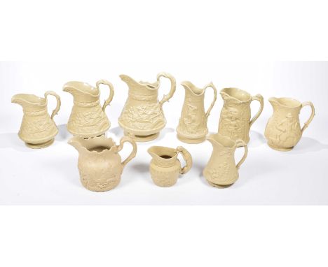 A collection of 19th century Ridgway and Staffordshire relief moulded jugsAll of typical baluster and ovoid form, relief moul