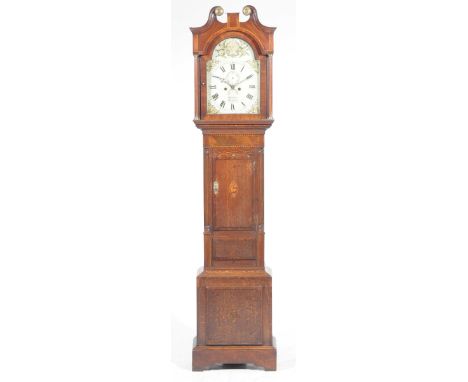 A George III/IV oak and mahogany crossbanded longcase clock, by Thomas Slater LichfieldHaving a twin swan neck pediment above