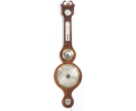A 19th Century inlaid aneroid barometerThe swan neck pediment extending to banjo shaped body with mercury thermometer, convex