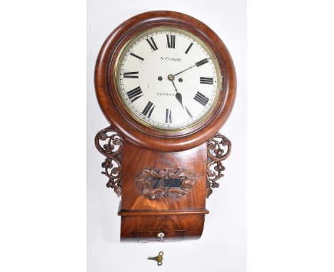 An English late 19th/early 20th Century mahogany cased drop dial wall clock by Samuel Corbett of CoventryDouble fusee,The whi