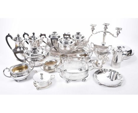 A collection of various EPNSTo include coffee pots, teapots, jugs, sucrier, candelabrum etc. (qty) 