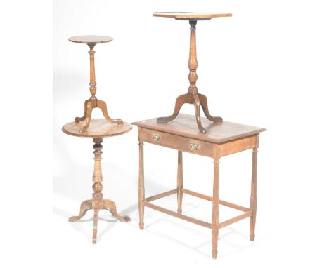 Four assorted tablesTo include an oak side table with a single frieze drawer, a 19th Century oak tripod table with an octagon