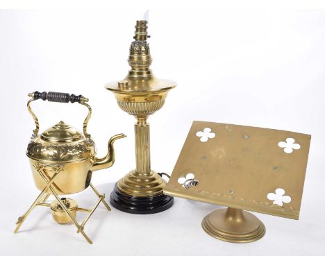 A collection of 19th Century brass wareTo include a spirit kettle and stand, a pedestal Bible rest, with pierced quatrefoil d