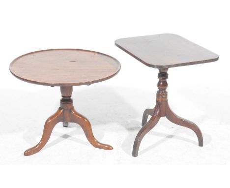 Two 19th Century mahogany tripod tablesThe first with a circular tray top and three downswept supports, the second with a rec