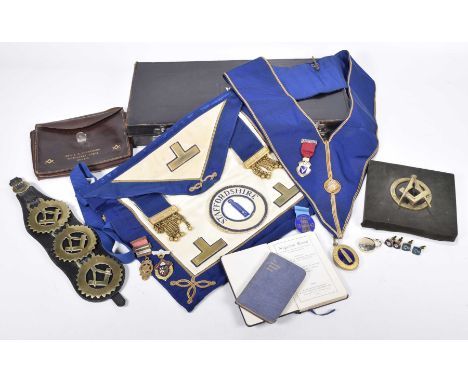 A collection of assorted Masonic regalia and jewels, late 20th centuryTo include a Masonic brass table knocker, apron, Staffo