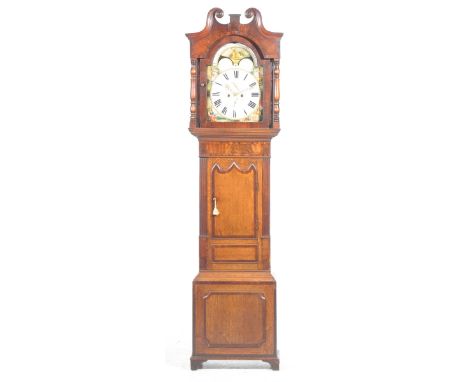 An early 19th Century oak and mahogany crossbanded longcase clock by Royle & Rawson, WiganThe case with a twin swan neck pedi