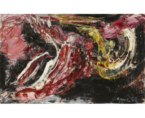 Karel Appel, Têtes VolantesÖl auf Leinwand 81 x 130 cm. Gerahmt. Signiert und datiert 'k appel '58''. Rückseitig auf dem Keil