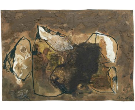 Emil Schumacher, Edina IMischtechnik, Sand und Collage auf Karton Ca. 70 x 102 cm. Auf Holz montiert (72 x 104 cm). Unter Gla