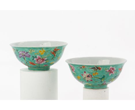 A PAIR OF TURQUOISE GROUND FAMILLE ROSE PORCELAIN BOWLS Decorated with lotus, butterflies and peonies  Guangxu six character 