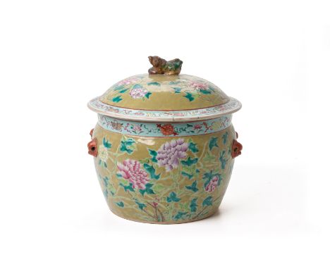 A LARGE FAMILLE ROSE OLIVE GREEN KAMCHENG AND COVER Decorated with peonies amongst scrolling foliage, iron red and gilt handl
