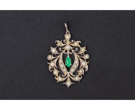 A SILVER, SEED PEARL AND JADE PENDANT The central pear cut green coloured stone within a foliate design with traces of gildin