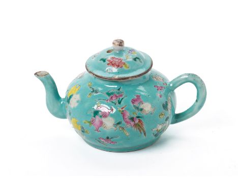 A TURQUOISE GROUND PORCELAIN TEAPOT The lid and body decorated with insects, fingered citrons, pomegranates and floral sprays
