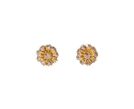A PAIR OF GOLD AND INTAN EARRINGS Flower shaped, each earring composed of ten intans, mounted on gold, screw-thread post fitt