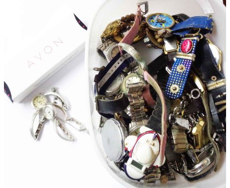 A tub containing a collection of assorted vintage and modern wristwatches including Smiths, Timex and Michael Kors examples, 