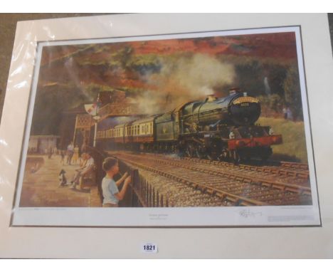 †Philip D. Hawkins: an unframed mounted signed coloured locomotive print entitled 'Sunshine and Steam' - sold with another sm