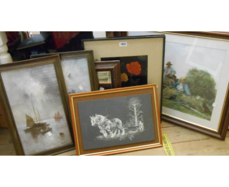 A selection of decorative pictures including a Japanese lacquered floral panel, a framed print, two original works and a wall
