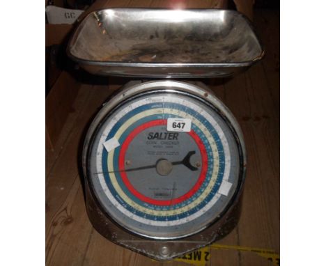 A set of Avery green enamel finish scales - sold with a Salter coin checker scale and a coal scuttle