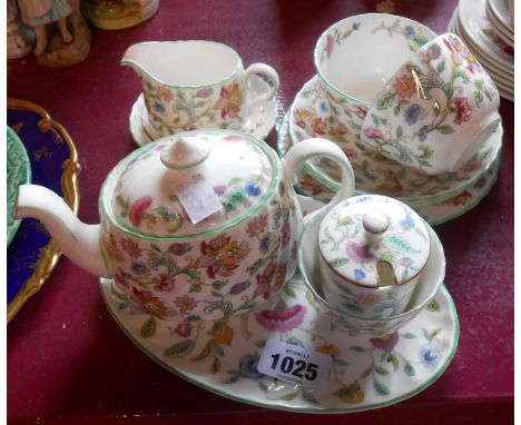 A Mintons Haddon Hall part Tea for Two set comprising teapot (a/f), milk and sugar, small preserve pot, two cups and saucers,